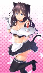 Rule 34 | 10s, 1girl, :3, :q, absurdres, alternate costume, animal ears, black thighhighs, blue eyes, breasts, brown hair, cat ears, choker, cleavage, enmaided, garter straps, gloves, gradient background, highres, ichinose shiki, idolmaster, idolmaster cinderella girls, leg up, long hair, looking at viewer, maid, navel, nishinomiya suzu, parfait, solo, spoon, star (symbol), thighhighs, tongue, tongue out, tray, wavy hair, white gloves