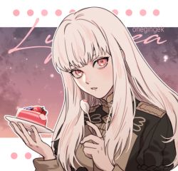Rule 34 | 1girl, artist name, bad id, bad twitter id, cake, character name, fire emblem, fire emblem: three houses, food, garreg mach monastery uniform, holding, holding plate, holding spoon, long hair, long sleeves, lysithea von ordelia, nintendo, onegingek, parted lips, pink eyes, plate, solo, spoon, uniform, upper body, white hair