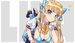 Rule 34 | 1girl, arm support, bikini, bikini top only, black footwear, black skirt, blonde hair, blue bikini, blue eyes, blue nails, blue pantyhose, blunt bangs, blush, borrowed character, bow, breasts, cleavage, closed mouth, detached collar, feet up, hair bow, hanging breasts, heart, highres, kaedeko (kaedelic), large breasts, lina (michihasu), long hair, lying, md5 mismatch, miniskirt, nail polish, neck ribbon, on stomach, orange ribbon, original, pantyhose, pink nails, pleated skirt, resolution mismatch, ribbon, short sleeves, skirt, solo, source smaller, striped bow, striped clothes, striped pantyhose, swimsuit, twintails, two-tone background, vertical-striped clothes, vertical-striped pantyhose, very long hair, wrist cuffs