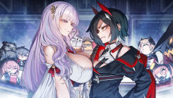 Rule 34 | 6+girls, absurdres, angry, animal, animal on head, asymmetrical docking, azur lane, bare shoulders, behalter, bellona (azur lane), bird, bird on head, black hair, breast contest, breast press, breasts, cleavage, face-to-face, hair between eyes, hair ornament, highres, horns, huge breasts, large breasts, looking at another, manjuu (azur lane), multicolored hair, multiple girls, on head, owl, perseus (azur lane), plymouth (azur lane), prinz rupprecht (azur lane), purple eyes, purple hair, red horns, roon (azur lane), short hair, smile, ulrich von hutten (azur lane), yellow eyes