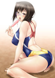Rule 34 | 10s, 1girl, :o, alternate costume, arched back, ass, ayato, back, back cutout, bad id, bad pixiv id, barefoot, black hair, blurry, bokeh, breasts, brown eyes, brown hair, clothing cutout, competition swimsuit, depth of field, dripping, food, girls und panzer, gradient background, highres, holding, holding food, kawashima momo, large breasts, monocle, one-piece swimsuit, popsicle, sexually suggestive, short hair, sitting, solo, swimsuit, tongue, tongue out