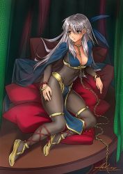 Rule 34 | 1girl, arkuny, black bodysuit, bodystocking, bodysuit, breasts, cape, chain, chain leash, choker, cleavage, collar, commission, covered navel, dark mage (fire emblem awakening), artistic error, fire emblem, fire emblem: radiant dawn, fire emblem awakening, hair ribbon, indoors, leash, long hair, looking away, medium breasts, micaiah (fire emblem), nintendo, official alternate costume, pillow, restrained, ribbon, silver hair, sitting, skin tight, slave, solo, table, yellow eyes