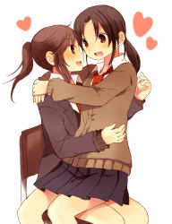 Rule 34 | 2girls, :d, black skirt, blazer, blush, brown eyes, brown hair, cardigan, chair, couple, eye contact, from side, hachiko (hati12), heart, hug, jacket, long hair, long sleeves, looking at another, multiple girls, necktie, open mouth, original, pleated skirt, ponytail, school uniform, sitting, sitting on lap, sitting on person, skirt, smile, yuri