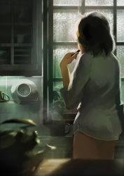 Rule 34 | 10s, 1girl, absurdres, alternate costume, bad id, bad pixiv id, biwaman, black hair, blurry, cup, cupboard, depth of field, eating, from behind, highres, indoors, kantai collection, kiso (kancolle), kitchen, light, light particles, long sleeves, mug, no pants, plate, rain, shirt, short hair, solo, steam, thighs, toothbrush, white shirt, window