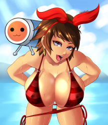 Rule 34 | 1girl, :3, bent over, bikini, breasts, cleavage, don-chan (taiko no tatsujin), female focus, huge breasts, josie rizal, legs, living instument, looking at viewer, namco, open mouth, outdoors, sky, solo, sowilo, standing, swimsuit, taiko no tatsujin, tekken, water