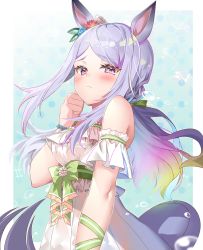 Rule 34 | 1girl, :&lt;, absurdres, animal ears, arm ribbon, bare shoulders, blue flower, blue hair, blush, border, bow, breasts, bubble, casual one-piece swimsuit, clenched hand, closed mouth, commentary request, detached sleeves, floating hair, flower, flower bracelet, frilled one-piece swimsuit, frilled swimsuit, frills, gradient hair, green background, green bow, green hair, green ribbon, hair bow, hair flower, hair ornament, hand up, highres, horse ears, horse girl, long hair, looking at viewer, looking to the side, low-tied long hair, mejiro mcqueen (umamusume), multicolored hair, official alternate costume, one-piece swimsuit, outside border, parted bangs, pink eyes, pink flower, pink hair, polka dot, polka dot background, purple hair, ribbon, sho (runatic moon), short sleeves, sidelocks, small breasts, smile, solo, swimsuit, umamusume, white flower, white one-piece swimsuit