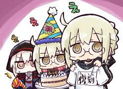 Rule 34 | 3girls, :o, ^^^, artoria pendragon (fate), birthday cake, black jacket, blonde hair, brown eyes, cake, commentary request, diagonal stripes, fate/grand order, fate (series), food, glasses, gym shirt, hair between eyes, hat, holding, holding clothes, holding plate, holding shirt, jacket, kasuga yuuki, long sleeves, multiple girls, mysterious heroine x alter (fate), mysterious heroine x alter (third ascension) (fate), name tag, parted lips, party hat, party popper, plate, red scarf, scarf, shirt, short sleeves, sidelocks, striped clothes, striped headwear, track jacket, translation request, wavy mouth, white shirt