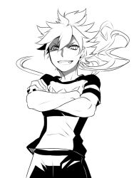 Rule 34 | 1boy, armband, crossed arms, greyscale, hakuryuu (inazuma eleven), inazuma eleven (series), inazuma eleven go, lineart, long hair, male focus, monochrome, simple background, soccer uniform, solo, sportswear, white background, zero (inazuma eleven), zuwai kani