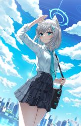 Rule 34 | 1girl, absurdres, animal ears, bag, blue archive, blue eyes, blue sky, blurry, building, cloud, cloudy sky, collared shirt, commentary request, cross hair ornament, depth of field, eyes visible through hair, grey hair, hair between eyes, hair ornament, halo, highres, holding, kurone (kurone ryuo), long sleeves, looking away, mismatched pupils, necktie, plaid, plaid skirt, pleated skirt, pocket, salute, school bag, school uniform, shiroko (blue archive), shirt, short hair, sidelocks, skirt, sky, skyline, skyscraper, smile, solo, wolf ears, wolf girl