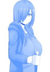 Rule 34 | 1girl, ^^^, blue theme, breasts, coffee mug, cup, hair over one eye, highres, holding, holding cup, hood, hooded jacket, huge breasts, jacket, long hair, looking at viewer, monochrome, mug, nao (ritsancrossover), open clothes, open jacket, original, pai-chan (naozuri), simple background, solo, white background
