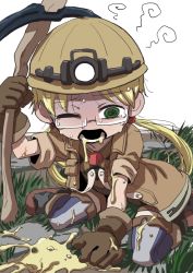 Rule 34 | 1girl, @ @, blonde hair, glasses, gloves, grass, helmet, long hair, low twintails, made in abyss, one eye closed, pickaxe, riko (made in abyss), sick, sitting, solo, thighhighs, twintails, uchuu ika, vomit, vomiting, wariza, whistle