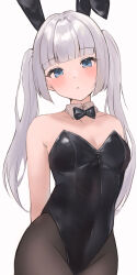 Rule 34 | 1girl, absurdres, animal ears, arms behind back, bare shoulders, black bow, black bowtie, black leotard, black pantyhose, blue eyes, blunt bangs, blush, bow, bowtie, breasts, cleavage, collar, collarbone, commentary request, covered navel, cowboy shot, expressionless, fake animal ears, grey hair, groin, head tilt, highres, leotard, long hair, looking at viewer, original, pantyhose, parted lips, playboy bunny, rabbit ears, sidelocks, simple background, small breasts, solo, standing, straight hair, tananuki, twintails, white background, white collar