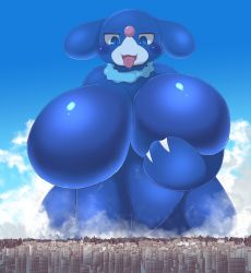 Rule 34 | 1girl, artist request, blue eyes, breasts, city, cloud, creatures (company), game freak, gen 7 pokemon, giant, giantess, highres, huge giantess, nintendo, no humans, pokemon, pokemon (creature), pokemon sm, popplio, sky, solo, tongue, tongue out