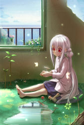 Rule 34 | 1girl, aiuabo, albino, barefoot, blue skirt, blurry, blush, broken glass, bug, butterfly, child, closed mouth, collared shirt, depth of field, flower, glass, grass, grey hair, hair between eyes, hydrangea, indoors, insect, kendama, light particles, long hair, long sleeves, low ponytail, original, plant, ponytail, puddle, railing, red eyes, shirt, sitting, skirt, smile, solo, teruterubouzu, toy, very long hair, water, white hair, white shirt, window, wing collar