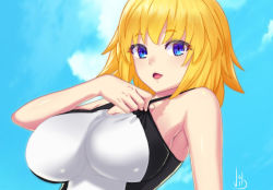 Rule 34 | 1girl, bare shoulders, black one-piece swimsuit, blonde hair, blue eyes, blue sky, blush, breasts, cleavage, competition swimsuit, fate/grand order, fate (series), highres, jeanne d&#039;arc (fate), jeanne d&#039;arc (ruler) (fate), jeanne d&#039;arc (swimsuit archer) (fate), large breasts, looking at viewer, one-piece swimsuit, open mouth, short hair, sky, swimsuit, two-tone swimsuit, vibncent, white one-piece swimsuit