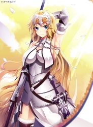 Rule 34 | 1girl, armor, armored dress, armpits, blonde hair, blue eyes, breasts, capelet, chain, cleavage, fate/apocrypha, fate/grand order, fate (series), faulds, flag, fur trim, gauntlets, headpiece, highres, jeanne d&#039;arc (fate), jeanne d&#039;arc (ruler) (fate), jeanne d&#039;arc (third ascension) (fate), kirin27, large breasts, looking at viewer, solo, standard bearer, sunlight, thighhighs, yellow eyes