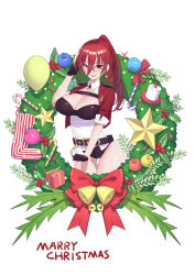 Rule 34 | 1girl, :d, absurdres, adjusting eyewear, alternate costume, alternate hairstyle, bell, belt, bow, box, breasts, brown buruma, brown gloves, buruma, candle, candy, candy cane, christmas, cleavage, collared shirt, commentary, english commentary, english text, engrish commentary, engrish text, food, gift, gift box, glasses, gloves, highres, honkai (series), honkai impact 3rd, jacket, large breasts, lijiahao5103, long hair, looking at viewer, merry christmas, murata himeko, murata himeko (battle storm), open mouth, ponytail, ranguage, red bow, red hair, red jacket, shirt, simple background, smile, socks, solo, star (symbol), white background, white shirt, wreath, yellow eyes