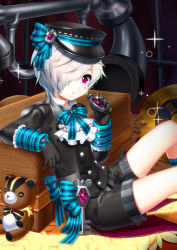 Rule 34 | androgynous, bad id, bad pixiv id, black gloves, black joa, black shirt, black shorts, bow, bowtie, character request, elsword, facial mark, gender request, glint, gloves, hair over one eye, hat, highres, holding, indoors, key, kneehighs, long sleeves, oversized object, peaked cap, phone, pink eyes, roman numeral, shirt, short hair, shorts, sitting, socks, solo, sparkle, stopwatch, striped bow, striped bowtie, striped clothes, striped neckwear, striped socks, stuffed animal, stuffed toy, teddy bear, watch, white hair