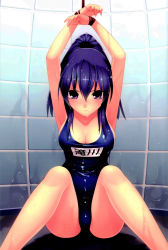 Rule 34 | 1girl, absurdres, armpits, arms up, bdsm, breasts, cleavage, fisheye, hair between eyes, highres, hirano katsuyuki, large breasts, looking at viewer, love application, one-piece swimsuit, ponytail, purple eyes, purple hair, restrained, school swimsuit, sidelocks, sitting, solo, swimsuit, takigawa aoi, wet