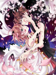 Rule 34 | 1boy, 1girl, blood, blood from mouth, blood on face, brown eyes, brown hair, cherry blossoms, green eyes, hand on another&#039;s head, highres, imminent kiss, jewelry, necklace, purimo (xxxmofmof), sakura hime, short hair, tears, tsubasa chronicle, white background, xiaolang