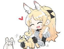 Rule 34 | 2girls, :d, ^ ^, animalization, arknights, armor, black bow, blemishine (arknights), blonde hair, bow, chibi, closed eyes, commentary, dog-san, extra ears, fur-trimmed armor, fur trim, hair bow, heart, implied incest, long hair, motion lines, multiple girls, open mouth, platinum (arknights), platinum blonde hair, ponytail, simple background, sketch, smile, symbol-only commentary, t t, whislash (arknights), white background