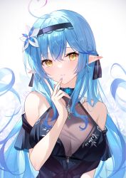 Rule 34 | 1girl, absurdres, ahoge, black dress, blue hair, braid, breasts, cleavage, commentary request, dress, earrings, elf, flower, hair between eyes, hair flower, hair ornament, half updo, heart, heart ahoge, heiyan shenshi, highres, hololive, jewelry, large breasts, long hair, looking at viewer, nail polish, parted lips, pointy ears, see-through, see-through cleavage, solo, upper body, virtual youtuber, yellow eyes, yukihana lamy