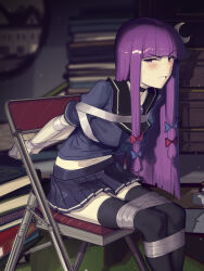Rule 34 | 1girl, bdsm, blue bow, blue shirt, blue skirt, blunt bangs, blurry, blurry background, bondage, book, bound, bow, cad (caddo), chair, crescent, crescent hair ornament, hair bow, hair ornament, highres, indoors, long hair, looking at viewer, navel, patchouli knowledge, pleated skirt, puffy short sleeves, puffy sleeves, purple eyes, purple hair, red bow, restrained, sailor collar, school uniform, sex toy, shirt, short sleeves, sidelocks, sitting, skirt, solo, tape, tape bondage, touhou, vibrator