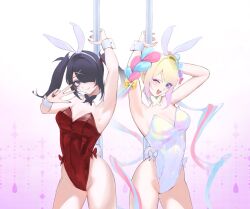 Rule 34 | 2girls, alternate costume, ame-chan (needy girl overdose), animal ear hairband, animal ears, arm up, armpits, arms up, bad id, bad twitter id, bare shoulders, black hair, blonde hair, blue eyes, blue hair, braid, breasts, chouzetsusaikawa tenshi-chan, cleavage, covered navel, cowboy shot, detached collar, dual persona, eyeshadow, fake animal ears, hair ornament, hair over one eye, hairband, hand up, highres, holographic clothing, large breasts, leotard, long hair, looking at viewer, makeup, mizureito, multicolored hair, multiple girls, needy girl overdose, official alternate costume, one eye closed, open mouth, pink eyeshadow, pink hair, playboy bunny, pole, rabbit ear hairband, rabbit ears, rabbit tail, red leotard, smile, standing, strapless, strapless leotard, stripper pole, tail, twin braids, twintails, w, white hairband, white leotard, wrist cuffs, x hair ornament
