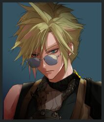 Rule 34 | 1boy, armor, blonde hair, blue background, blue eyes, brown gloves, closed mouth, cloud strife, earrings, final fantasy, final fantasy vii, final fantasy vii rebirth, final fantasy vii remake, gloves, hair between eyes, hand on own neck, highres, jewelry, looking at viewer, male focus, ruka ika, short hair, shoulder armor, single bare shoulder, single earring, single shoulder pad, sleeveless, sleeveless turtleneck, solo, spiked hair, sunglasses, turtleneck, upper body