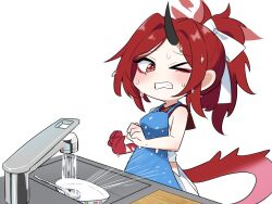 Rule 34 | 1girl, apron, black horns, blue apron, blue archive, commentary request, eyeshadow, faucet, halo, horns, japanese clothes, long hair, makeup, one eye closed, plate, ponytail, red eyes, red eyeshadow, red hair, red halo, red sailor collar, renge (blue archive), sailor collar, sashu (thershr6s), simple background, single horn, sink, solo, spoon, tail, water, wet, white background