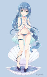 Rule 34 | 1girl, :o, aqua eyes, babydoll, bad id, bad pixiv id, bare arms, bare shoulders, black footwear, blue background, blue hair, blue panties, blush, breasts, clam, collarbone, commentary, fins, flats, full body, gluteal fold, groin, hair between eyes, hair bobbles, hair ornament, halterneck, head fins, highres, lingerie, long hair, looking at viewer, low-tied long hair, navel, open mouth, original, panties, panty pull, pillow, pisces (zodiac), sidelocks, simple background, small breasts, solo, standing, stomach, thigh strap, twitter username, underwear, very long hair, yu-ori, zodiac