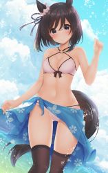 Rule 34 | 1girl, animal ears, bare arms, bare shoulders, bikini, black hair, black thighhighs, blue sky, blush, breasts, cleavage, closed mouth, cloud, cloudy sky, collarbone, criss-cross halter, day, eishin flash (umamusume), floral print, grey eyes, hair between eyes, halterneck, hand up, highres, horizon, horse ears, horse girl, horse tail, medium breasts, minato ojitan, navel, o-ring, o-ring bikini, o-ring top, ocean, outdoors, sarong, sky, smile, solo, swimsuit, tail, thighhighs, umamusume, water, white bikini