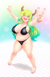 Rule 34 | 10s, 1girl, absurdres, aqua hair, blonde hair, blush, breasts, cloudxmoe, dragon girl, closed eyes, fat, full body, gradient hair, green hair, highres, horns, kobayashi-san chi no maidragon, large breasts, long hair, multicolored hair, navel, open mouth, plump, lucoa (maidragon), smile, solo, standing, swimsuit, thick thighs, thighs, v