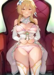 Rule 34 | 1girl, bare shoulders, blonde hair, bra, breasts, chair, clothes lift, detached sleeves, dress, dress lift, female focus, flower, frilled dress, frills, genshin impact, hair flower, hair ornament, half-closed eyes, highres, kimoshi, lifted by self, long sleeves, looking at viewer, lumine (genshin impact), medium breasts, open mouth, panties, pink bra, pink panties, scarf, sitting, solo, thighs, underwear, yellow eyes