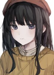 Rule 34 | 1girl, :t, black eyes, black hair, commentary, food, food on face, haruharu 12 31, highres, inoue takina, long hair, lycoris recoil, orange headwear, pout, sidelocks, simple background, solo, sweater, white background, yellow sweater