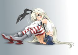 Rule 34 | 10s, 1girl, bad id, bad pixiv id, blonde hair, blush, elbow gloves, gloves, gradient background, highres, kantai collection, long hair, shimakaze (kancolle), skirt, solo, striped clothes, striped thighhighs, thighhighs, very long hair, yoshitani motoka