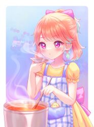 Rule 34 | 1girl, absurdres, aged down, apron, back bow, blue apron, blue hair, blush, bow, choukoillust, colored inner hair, colored tips, commentary, cooking, cooking pot, dress, earrings, english commentary, feather earrings, feathers, gingham apron, highres, hololive, hololive english, jewelry, kfp employee (takanashi kiara), multicolored hair, orange hair, puffy short sleeves, puffy sleeves, purple eyes, short sleeves, signature, solo, takanashi kiara, virtual youtuber, yellow dress
