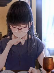Rule 34 | 1girl, absurdres, bad id, bad pixiv id, black hair, blurry, blurry background, closed mouth, cup, earrings, expressionless, glasses, grey shirt, hand on own chin, hand up, highres, indoors, jewelry, long hair, looking down, mole, mole under eye, nail polish, necklace, original, red-framed eyewear, saitou (lynx-shrike), shirt, short sleeves, sitting, solo, watch, window