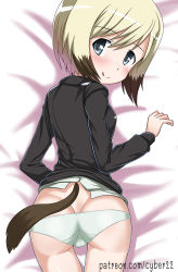 Rule 34 | 1girl, ass, bad id, bad pixiv id, bed, blonde hair, blue eyes, blush, breasts, butt crack, cameltoe, dog tail, erica hartmann, eyebrows, highres, looking at viewer, looking back, lying, military, military uniform, on stomach, panties, short hair, small breasts, solo, strike witches, tail, underwear, uniform, white panties, world witches series