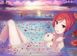 Rule 34 | 10s, 1girl, alternate hairstyle, bad id, bad pixiv id, bath, bathing, blurry, breasts, completely nude, cup, depth of field, drinking glass, floating, hair between eyes, hair up, kalian, looking at viewer, love live!, love live! school idol project, lying, medium breasts, nishikino maki, nude, on back, open mouth, partially submerged, petals, purple eyes, red hair, rose petals, short hair, solo