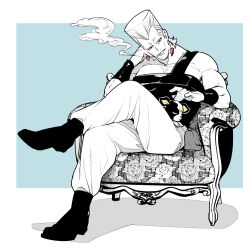Rule 34 | 1boy, animal, animal on lap, armchair, boston terrier, bracer, chair, cigarette, commentary, crossed legs, dog, dog on lap, earrings, elbow rest, fingernails, flattop, full body, grin, head rest, iggy (jojo), jean pierre polnareff, jewelry, jojo no kimyou na bouken, looking at another, looking down, male focus, muscular, muscular male, nao258537182, on lap, pants, partially colored, pectoral cleavage, pectorals, petting, simple background, single strap, sitting, smile, smoke, smoking, stardust crusaders, unmoving pattern, white hair