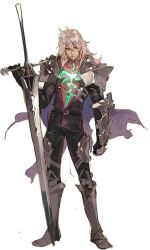 Rule 34 | 1boy, armor, bad id, bad twitter id, fate/apocrypha, fate (series), full body, male focus, pako (pakosun), scar, siegfried (fate), silver hair, simple background, solo, sword, weapon, white background