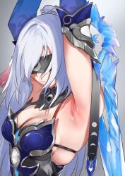 Rule 34 | absurdres, armor, armpits, arms up, black blindfold, blindfold, blue armor, blue gloves, blue hair, breasts, cleavage, crystal sword, elbow gloves, gloves, highres, honkai: star rail, honkai (series), jingliu (honkai: star rail), long hair, medium breasts, shion1350, simple background, skindentation, sleeveless, sword, sword behind back, upper body, very long hair, weapon