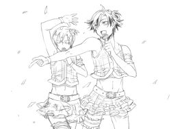 Rule 34 | 2boys, arm above head, arm up, bare arms, bare shoulders, belt, belt buckle, buckle, closed eyes, confetti, crossdressing, eiyuu densetsu, falcom, frills, gloves, hair ornament, idol, jusis albarea, looking to the side, male focus, microphone, midriff, monochrome, multiple boys, music, navel, open mouth, rean schwarzer, sen no kiseki, short hair, simple background, singing, skirt, spiked hair, stomach, vest