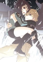 Rule 34 | 1boy, 1girl, ahoge, amatori chika, badge, black footwear, black gloves, black hair, black shorts, bob cut, boots, brown hair, cape, ema yuzuru, from below, from side, frown, gloves, grey pants, hand on another&#039;s shoulder, hands on another&#039;s back, hetalia38, hug, knee boots, long sleeves, looking at viewer, looking down, open mouth, pants, purple cape, purple eyes, shards, short hair, shorts, surprised, uniform, world trigger
