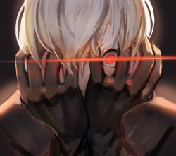 Rule 34 | 1boy, alternate eye color, bad id, bad pixiv id, black gloves, gloves, hands on own face, looking at viewer, male focus, nier:automata, nier (series), portrait, red eyes, solo, staring, stellarien, white hair, 9s (nier:automata)