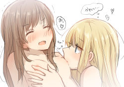 Rule 34 | 2girls, absurdres, betock, blonde hair, blue eyes, blush, breast sucking, breasts, brown hair, closed eyes, collarbone, commentary request, hand on breast, heart, highres, long hair, looking at viewer, multiple girls, nipple rub, nipple stimulation, nude, open mouth, original, profile, simple background, small breasts, translation request, upper body, white background, yuri