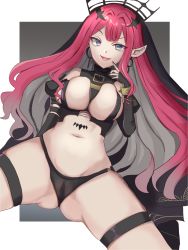 Rule 34 | 1girl, ass, black nails, black panties, breasts, cameltoe, circlet, cleft of venus, detached sleeves, earrings, baobhan sith (fate), fang, fate/grand order, fate (series), gluteal fold, grey eyes, jewelry, large breasts, long hair, nail polish, navel, open mouth, panties, pink hair, pointy ears, revealing clothes, smug, solo, spread legs, stomach, string, thigh strap, thighs, tongue, underwear