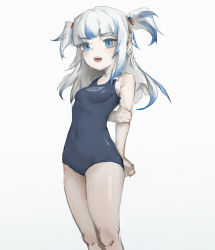 Rule 34 | 1girl, absurdres, arms behind back, bare shoulders, blue eyes, blue hair, blue one-piece swimsuit, blush, character name, chunkyeggy, covered navel, film grain, gawr gura, grey background, grey hair, highres, holding own arm, hololive, hololive english, long hair, multicolored hair, one-piece swimsuit, open mouth, school swimsuit, short twintails, simple background, single bare shoulder, solo, streaked hair, swimsuit, teeth, tongue, twintails, upper teeth only, virtual youtuber