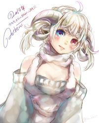 Rule 34 | 1girl, animal ears, bare shoulders, blonde hair, blue eyes, blush, fur, heterochromia, horns, lma, looking at viewer, new year, off-shoulder, off-shoulder sweater, off shoulder, original, red eyes, sheep ears, sheep horns, short hair, signature, simple background, solo, sweater, twitter username, upper body, white background